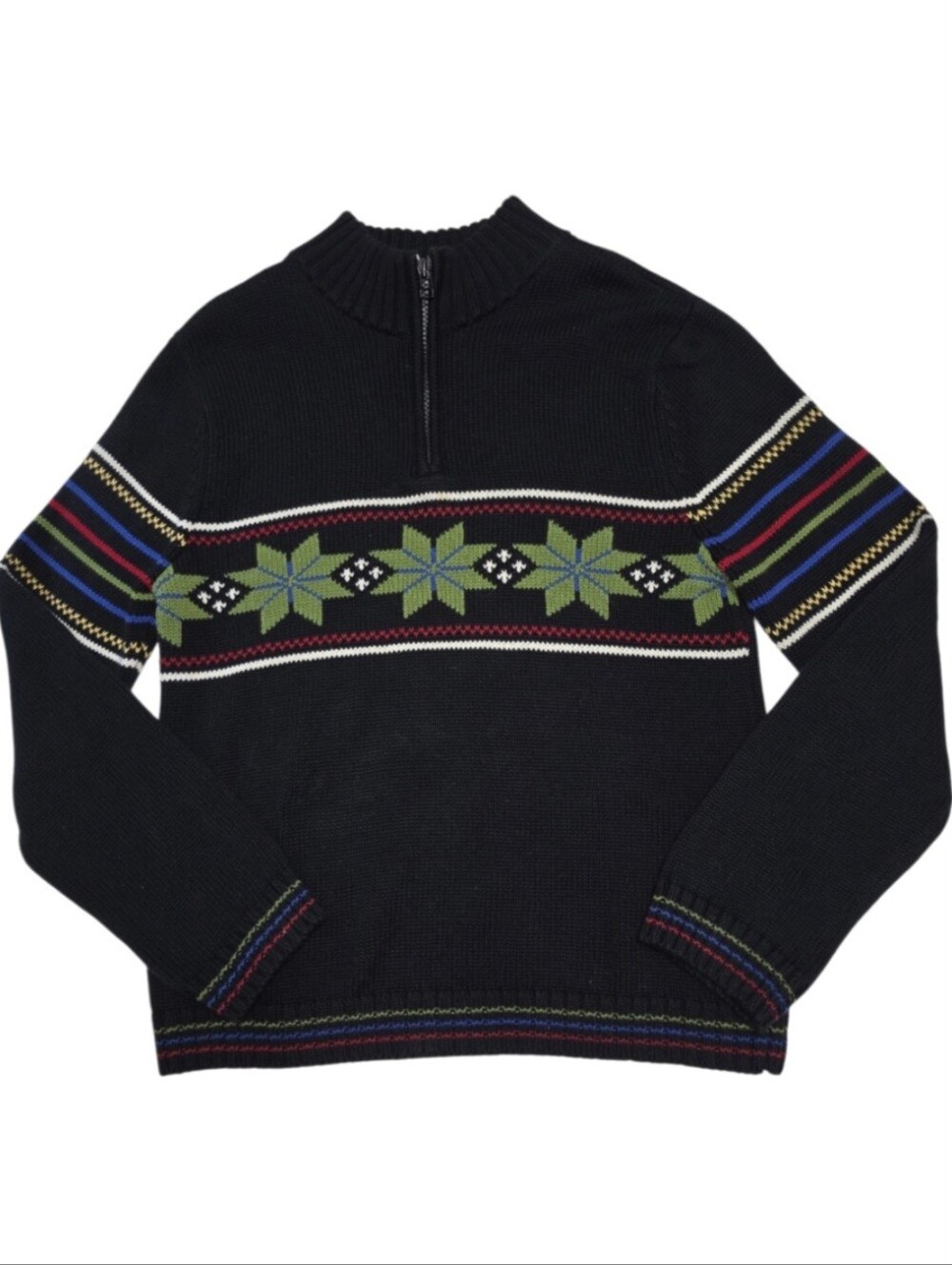 Talbots Kids Fair Isle Vintage Quarter-Zip Cotton Knit Black Sweater Sz 12